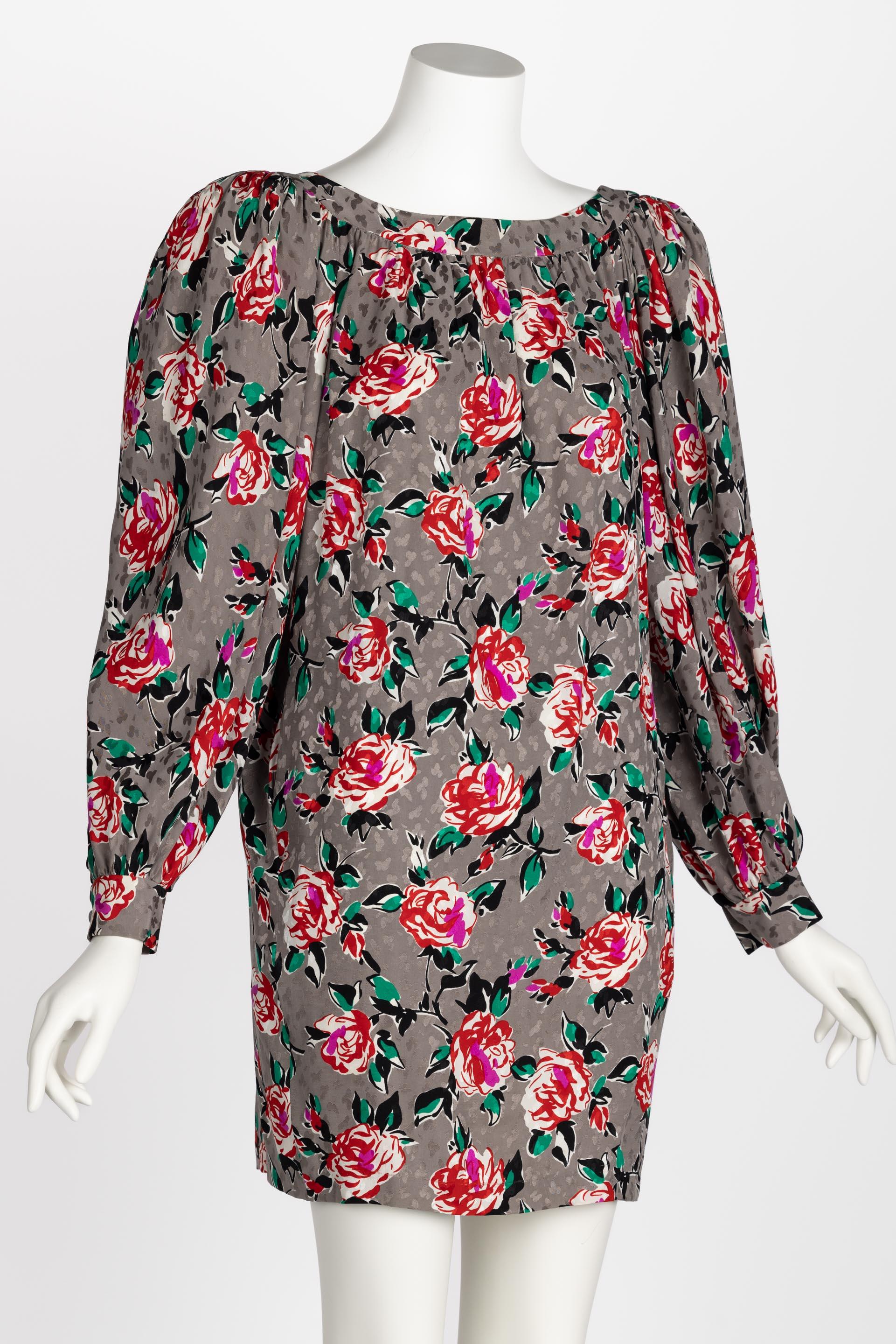 Marron Yves Saint Laurent - Mini-robe à manches longues en soie à fleurs YSL, années 1980 en vente