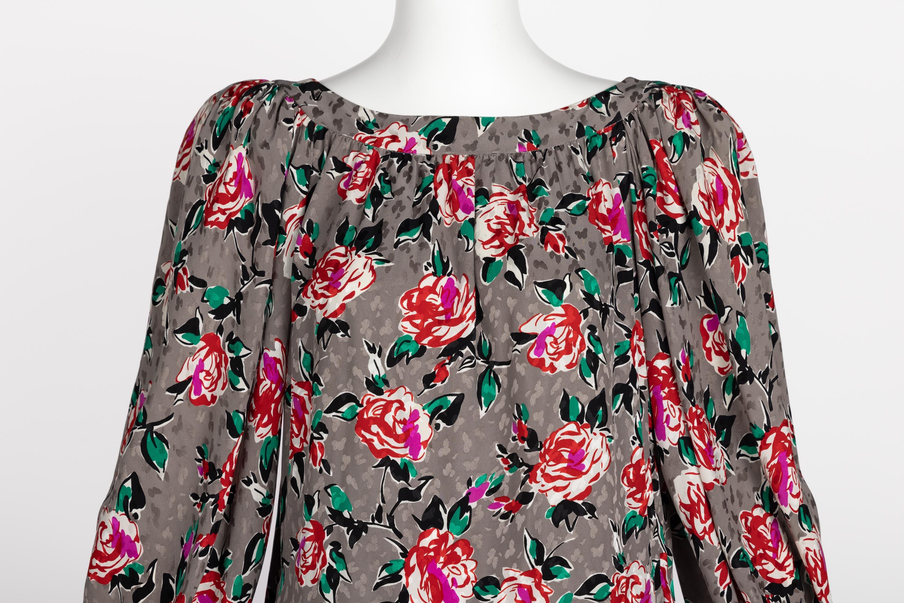 Brown Yves Saint Laurent Floral Silk Long Sleeve Mini Dress YSL, 1980s For Sale