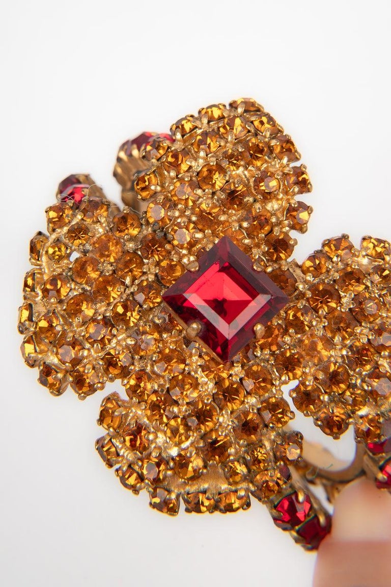 Bracelet Manchette Vintage Années 80 - Métal Doré Et Strass Orange Fleurs - Occasion