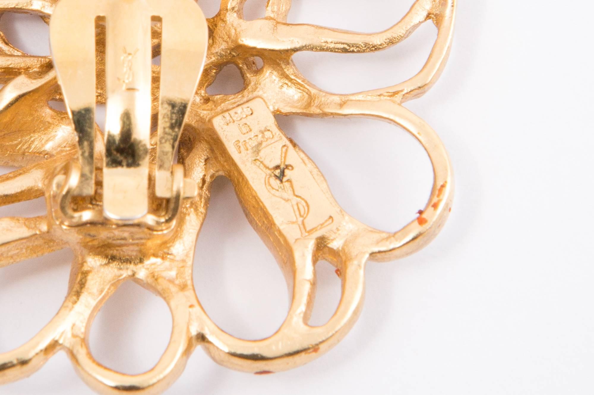 Women's Yves Saint Laurent Flower Gold Tone Clip On Earrings