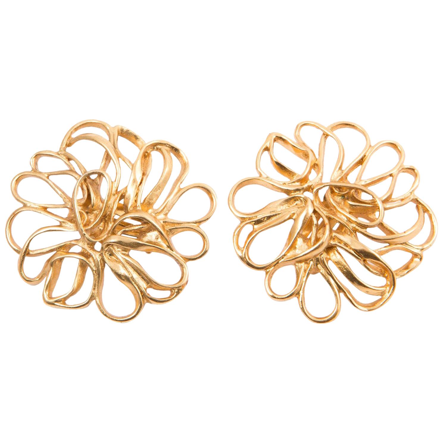 Yves Saint Laurent Flower Gold Tone Clip On Earrings