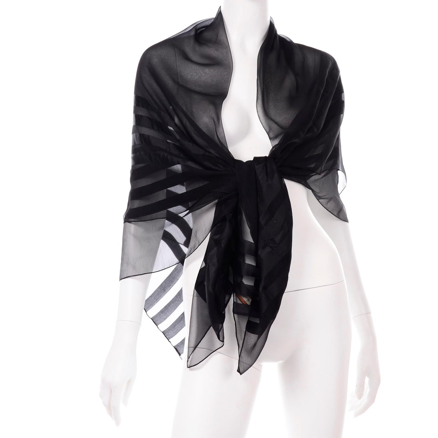 Yves Saint Laurent Foulards Silk Oversized Large Black Sheer Scarf or Shawl Wrap In Excellent Condition In Portland, OR