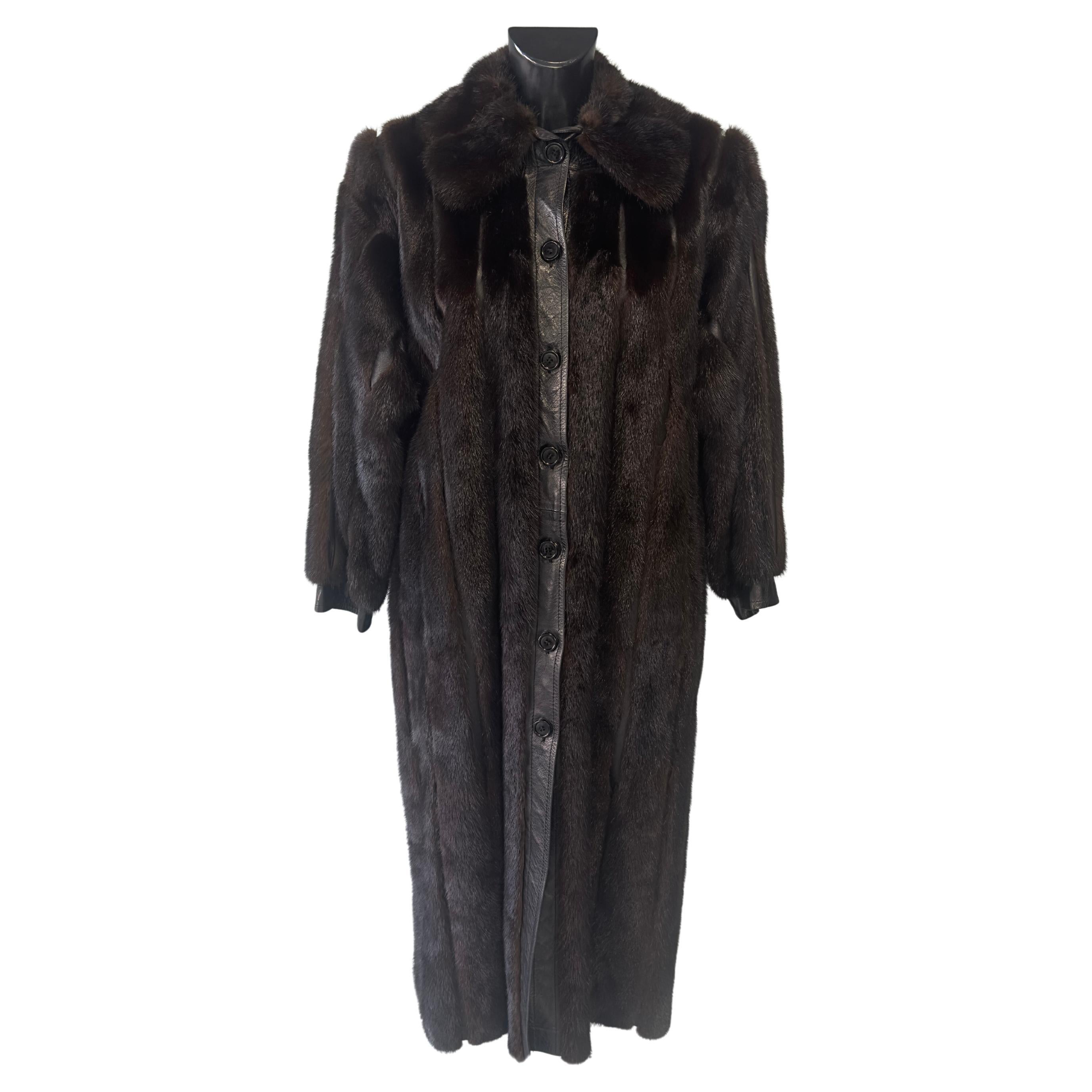 Yves Saint Laurent Fourrures Long Mink Fur Coat with Leather Details c 1970s