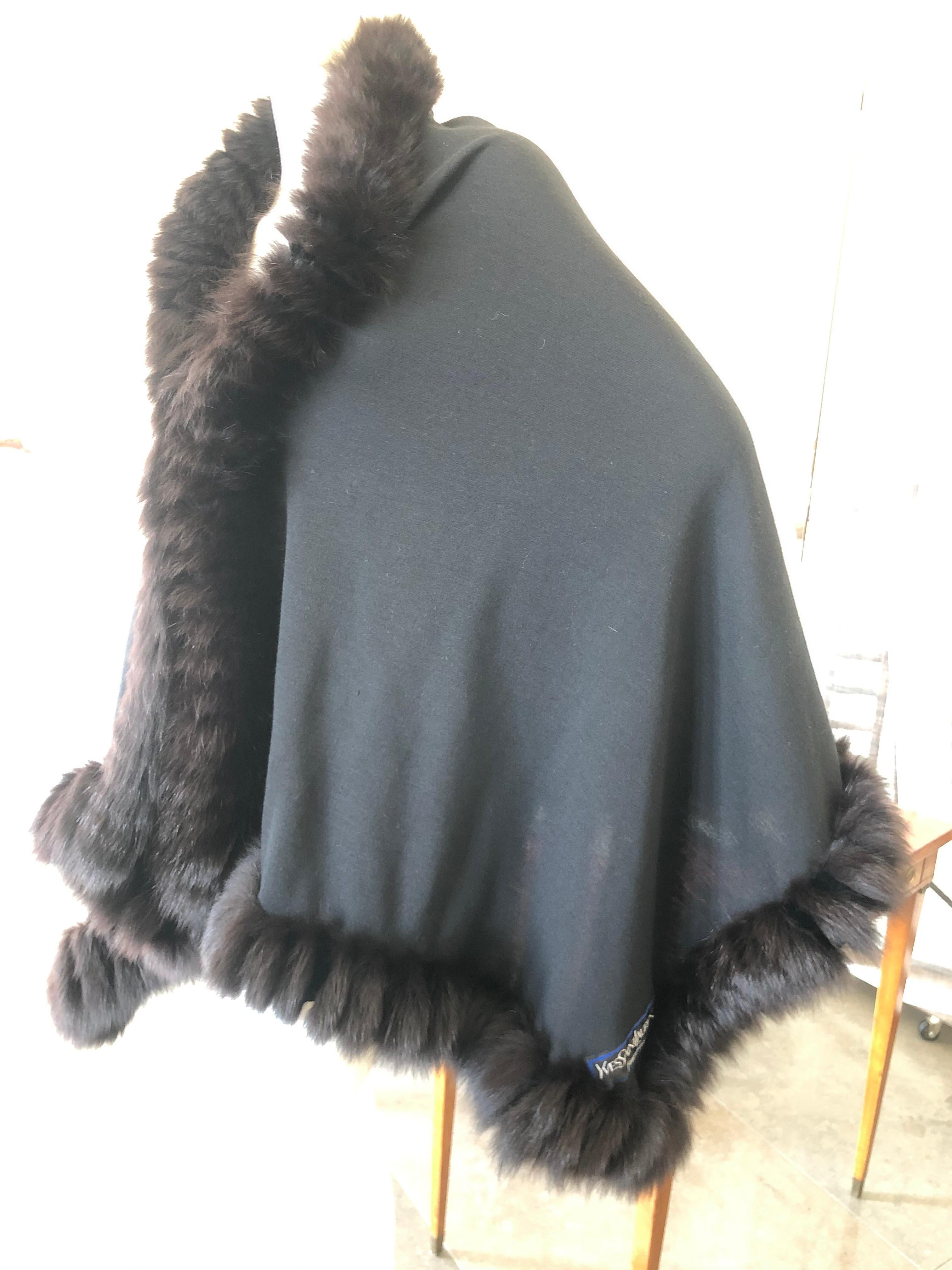 Women's or Men's Yves Saint Laurent Fourrures Luxe Vintage Black Jersey Shawl w Fox Fur Trim  For Sale