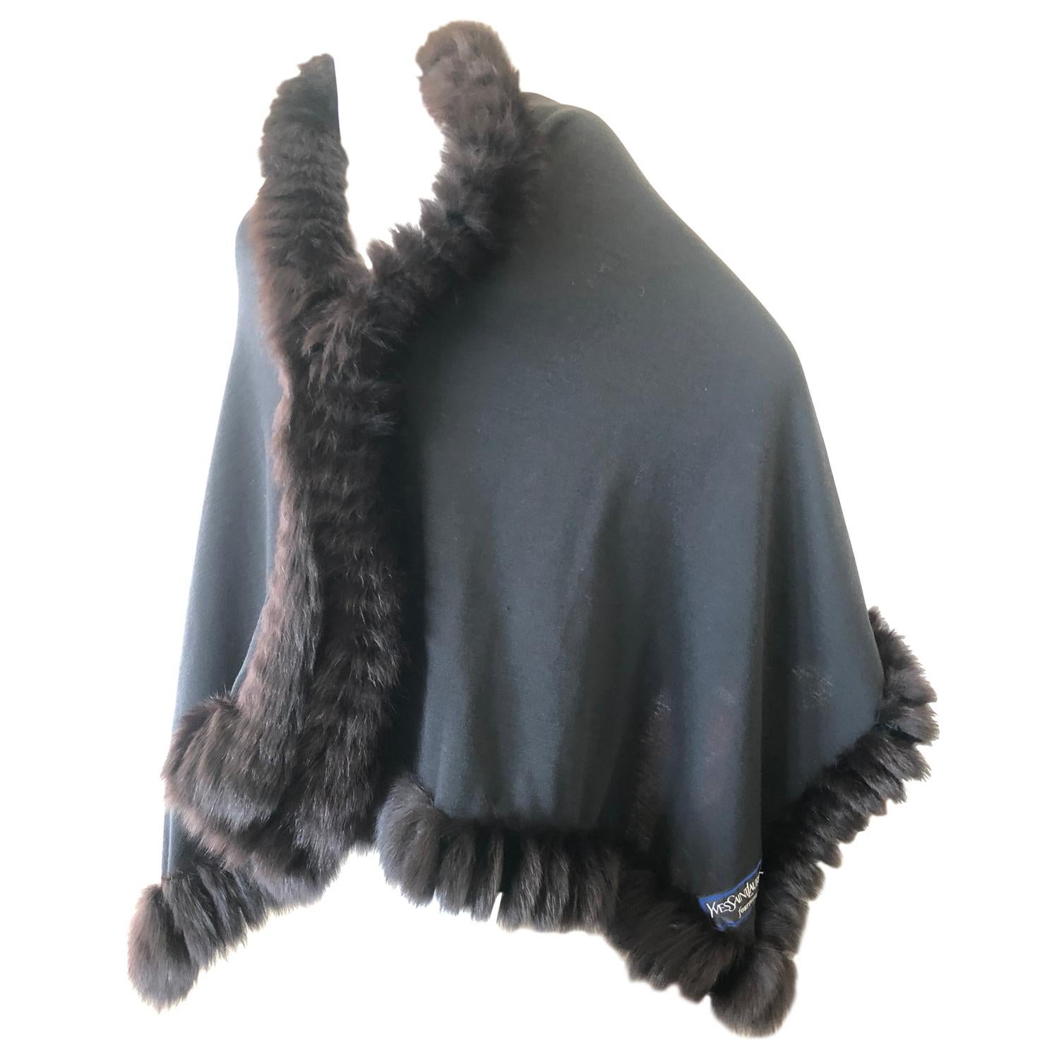Yves Saint Laurent Fourrures Luxe Vintage Black Jersey Shawl w Fox Fur Trim  For Sale