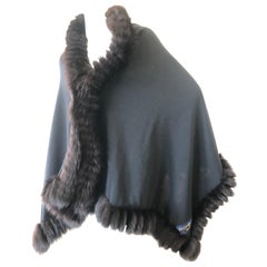 Yves Saint Laurent Fourrures Luxe Vintage Black Jersey Shawl w Fox Fur Trim 