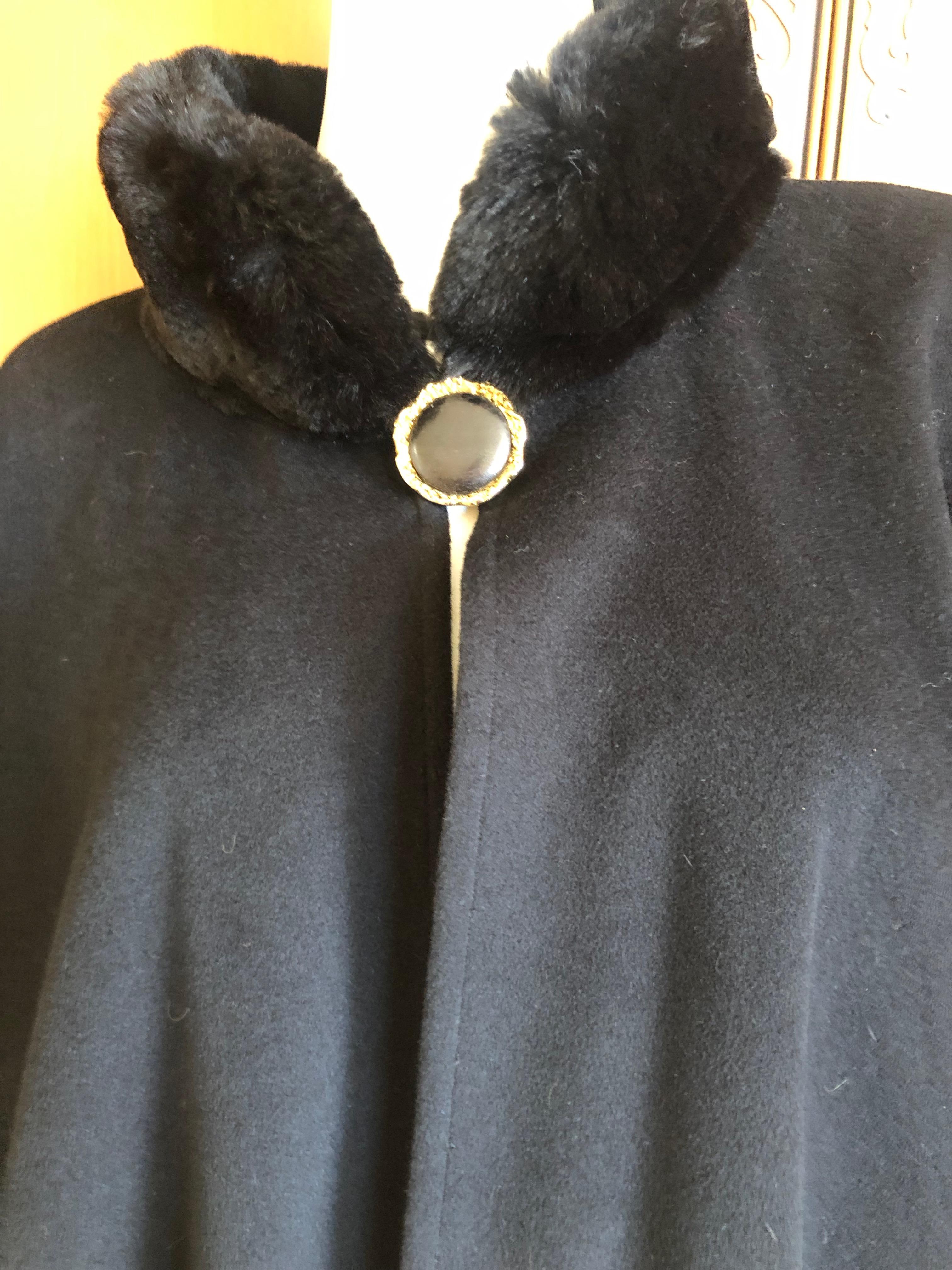 Women's or Men's Yves Saint Laurent Fourrures Vintage Black Cashmere Cape w Fur Collars and Cuffs For Sale