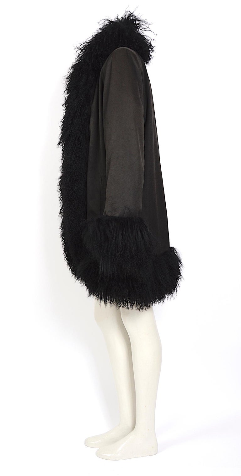Black Yves Saint Laurent fourrures vintage black Mongolian lamb fur trimmed coat  For Sale