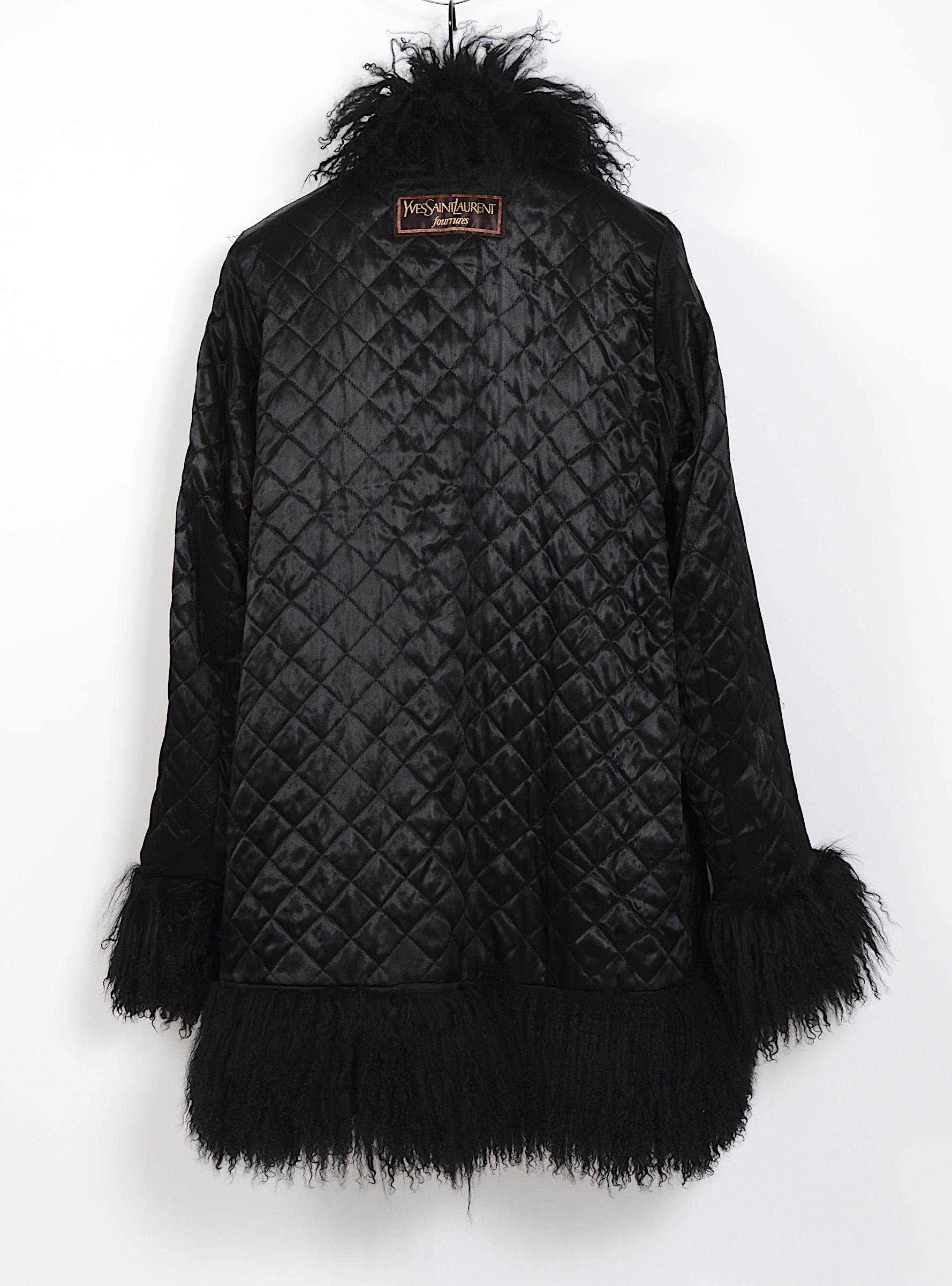 Black Yves Saint Laurent fourrures vintage black Mongolian lamb fur trimmed coat 