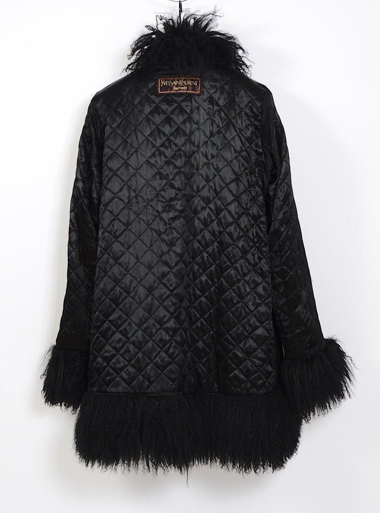 Yves Saint Laurent fourrures vintage black Mongolian lamb fur trimmed coat  For Sale 1