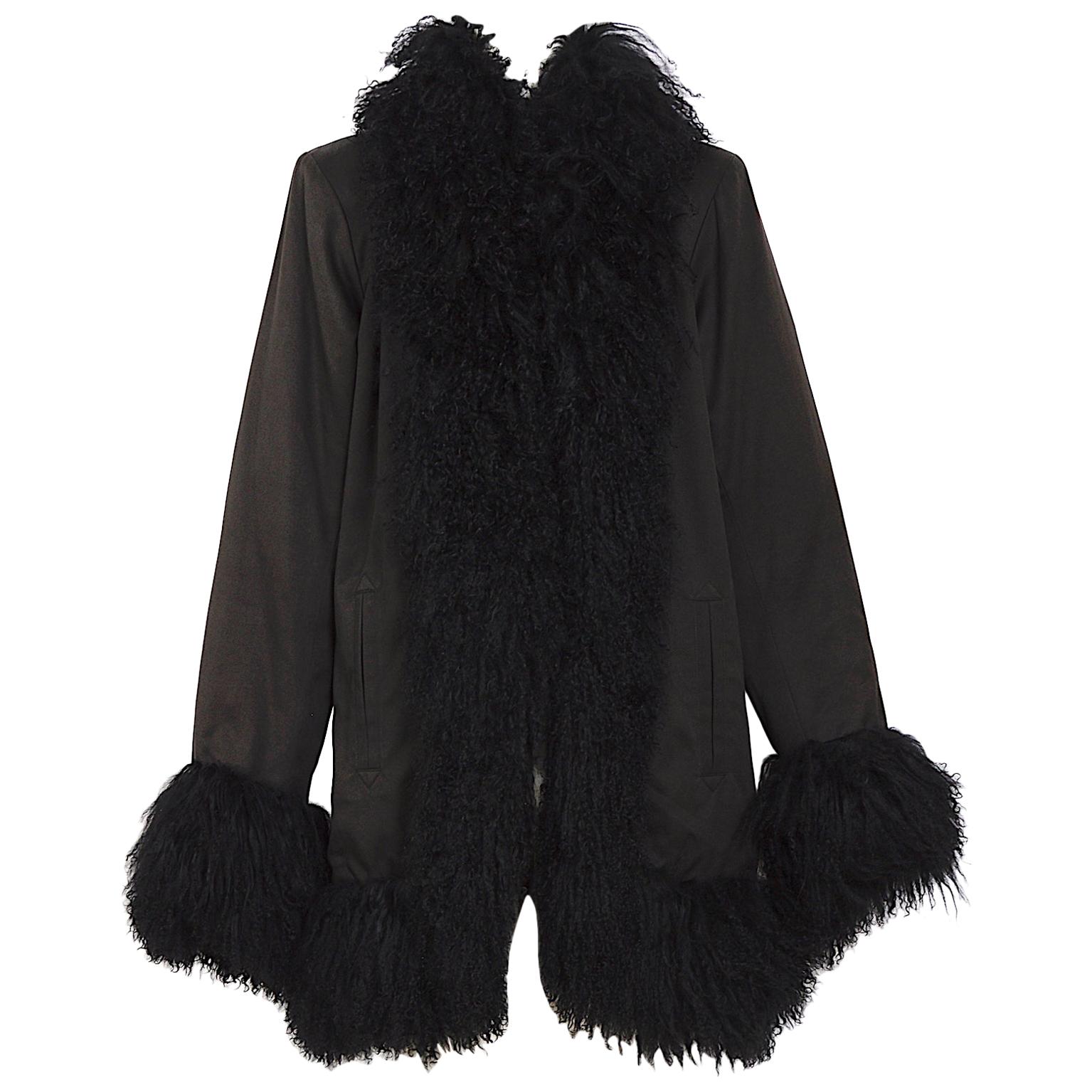 Yves Saint Laurent fourrures vintage black Mongolian lamb fur trimmed coat 