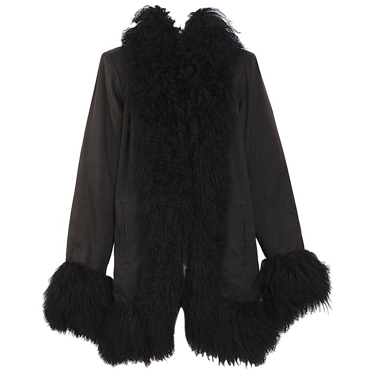 Yves Saint Laurent fourrures vintage black Mongolian lamb fur trimmed coat  For Sale