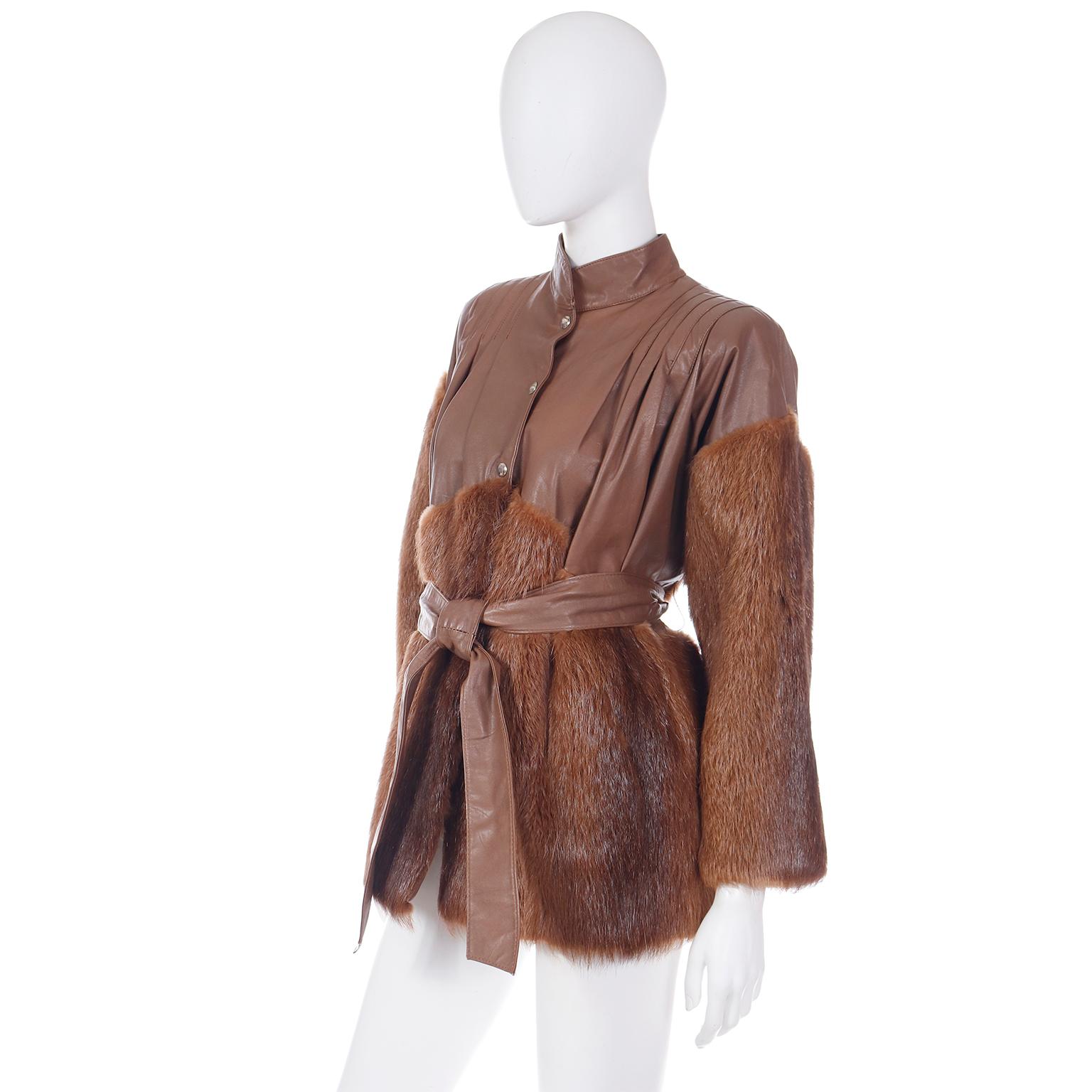 Yves Saint Laurent Fourrures Vintage Brown Leather and Fur Jacket With Belt 6