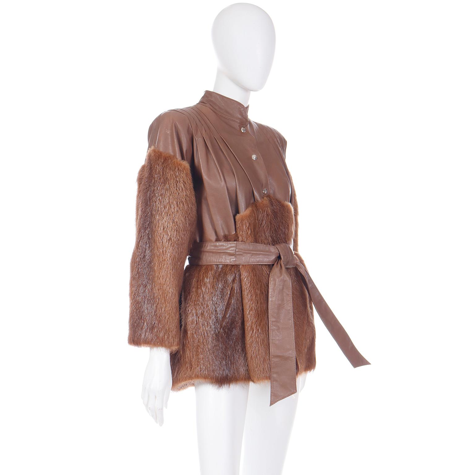 Yves Saint Laurent Fourrures Vintage Brown Leather and Fur Jacket With Belt In Excellent Condition In Portland, OR