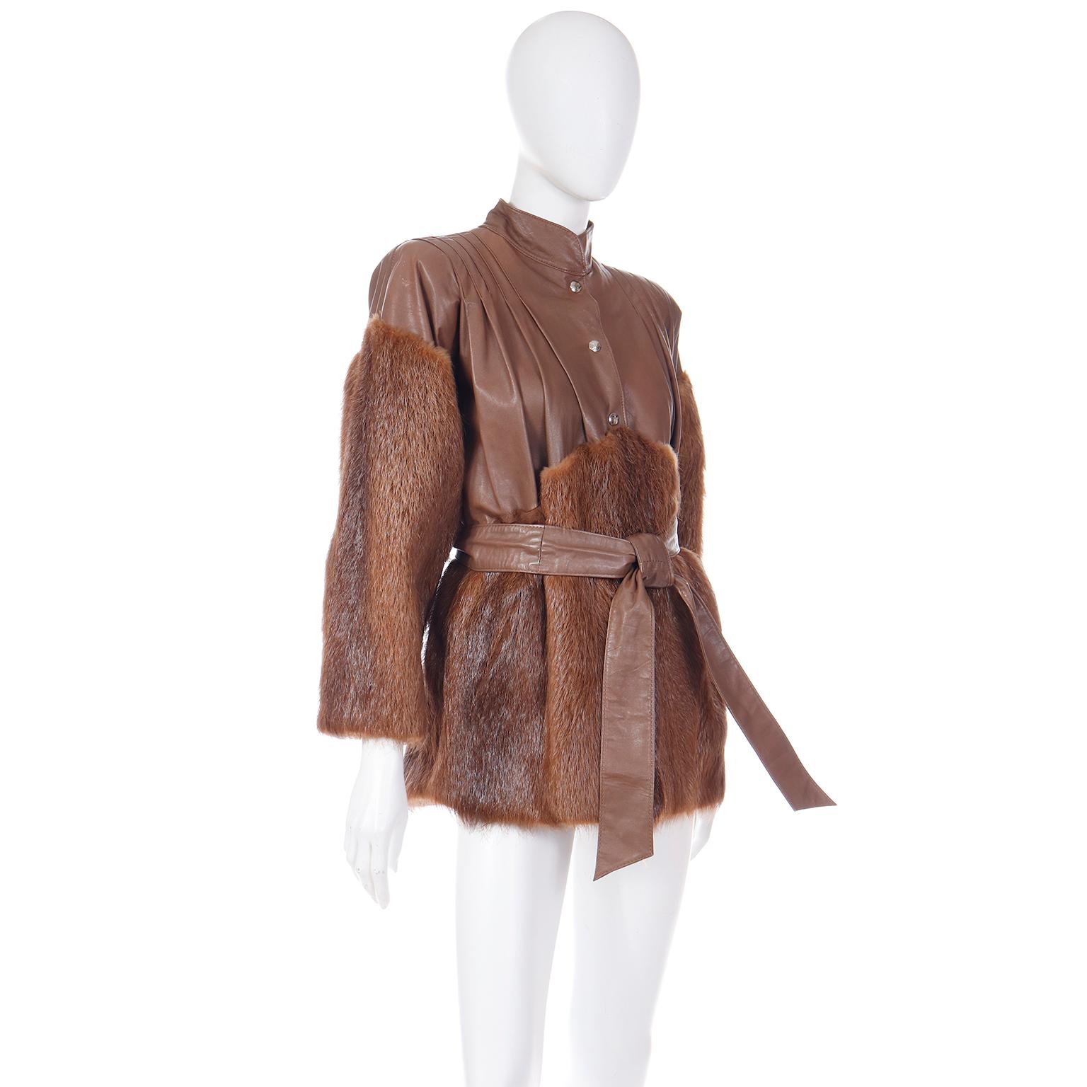 Women's Yves Saint Laurent Fourrures Vintage Brown Leather and Fur Jacket With Belt