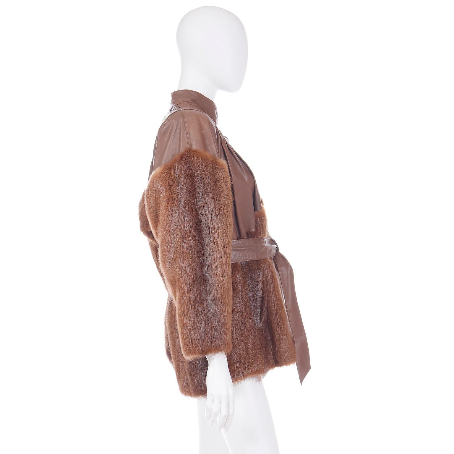 Yves Saint Laurent Fourrures Vintage Brown Leather and Fur Jacket With Belt 1