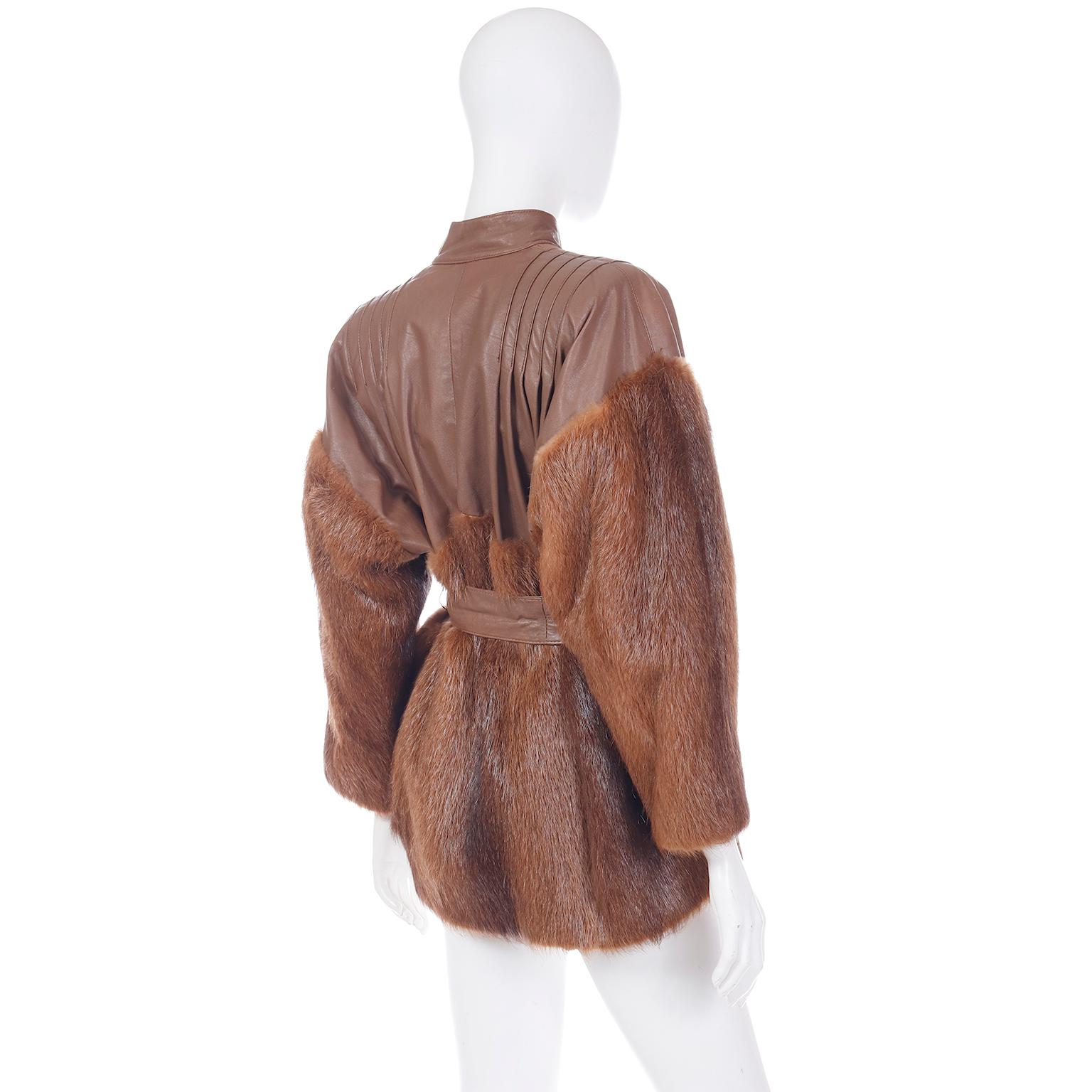 Yves Saint Laurent Fourrures Vintage Brown Leather and Fur Jacket With Belt 2