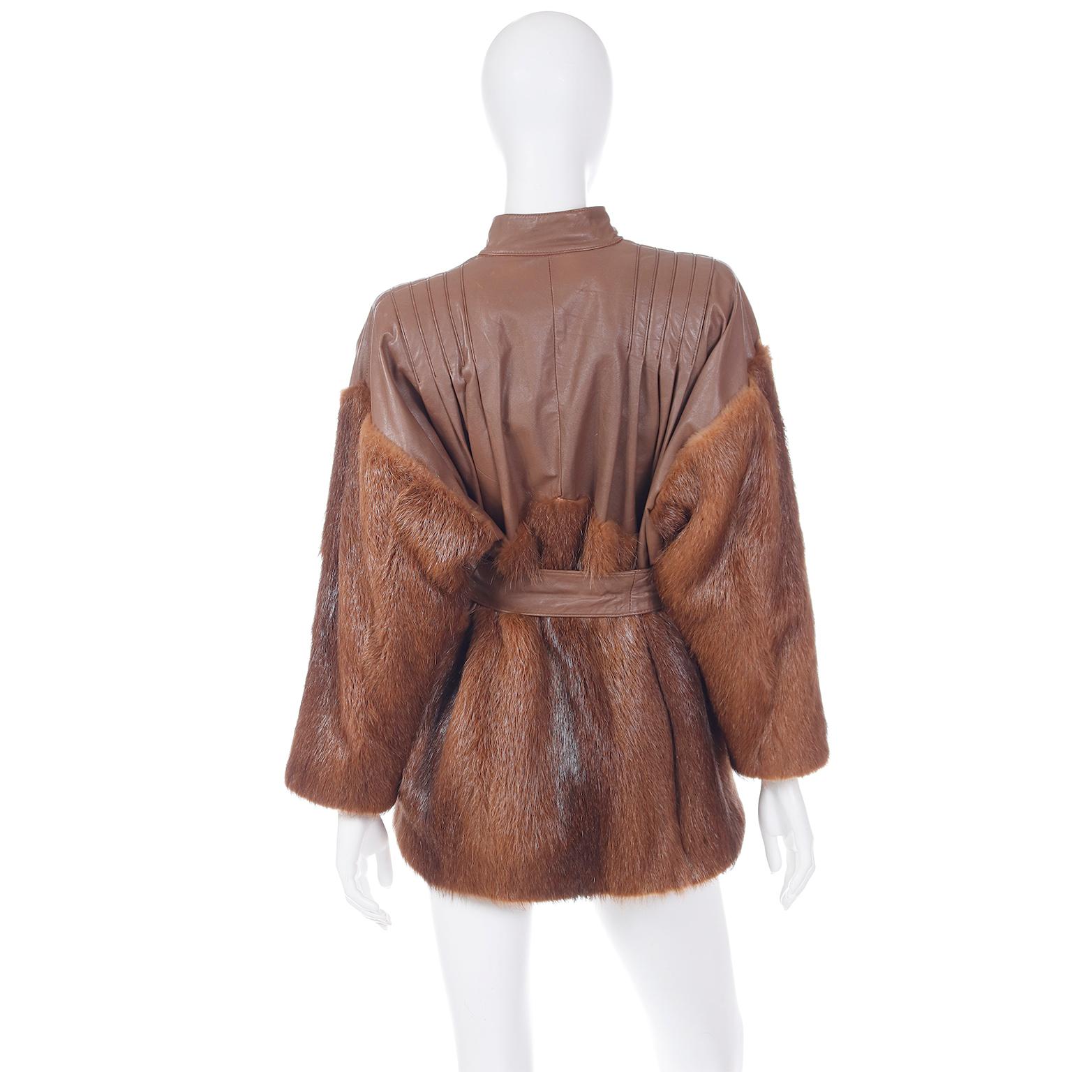 Yves Saint Laurent Fourrures Vintage Brown Leather and Fur Jacket With Belt 3