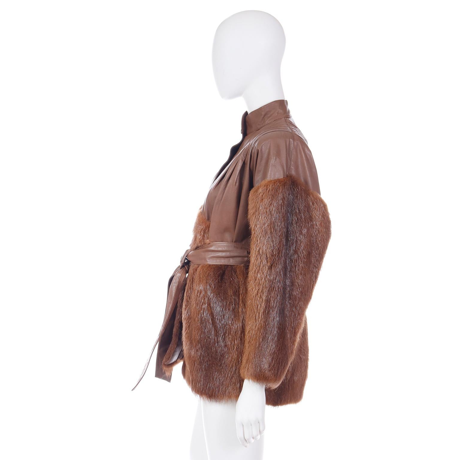 Yves Saint Laurent Fourrures Vintage Brown Leather and Fur Jacket With Belt 5