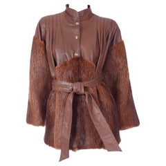 Yves Saint Laurent Fourrures Vintage Brown Leather and Fur Jacket With Belt