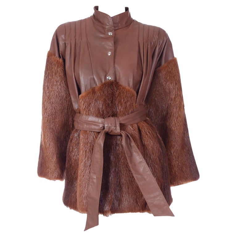 Yves Saint Laurent Fourrures Vintage Brown Leather and Fur Jacket With Belt  For Sale at 1stDibs