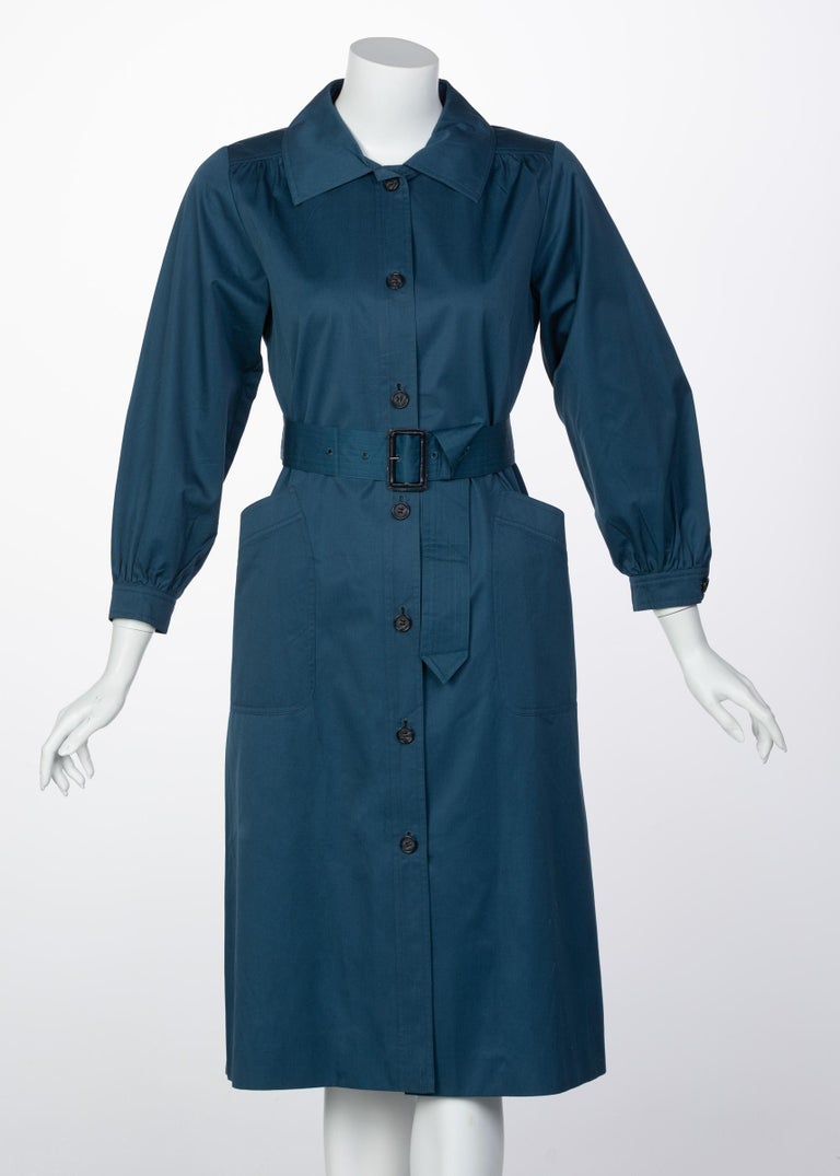 Yves Saint Laurent French Blue Belted Cotton Trench Coat YSL, 1970s For ...