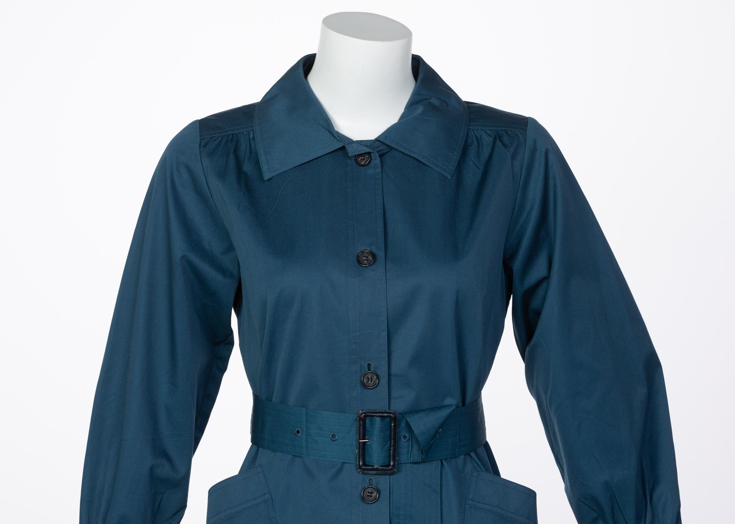 Women's Yves Saint Laurent French Blue Belted Cotton Trench Coat YSL, 1970s For Sale