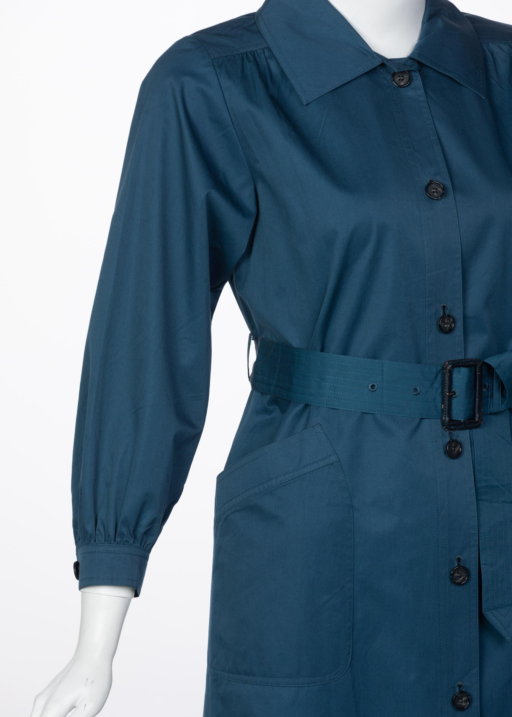 Yves Saint Laurent French Blue Belted Cotton Trench Coat YSL, 1970s For Sale 1