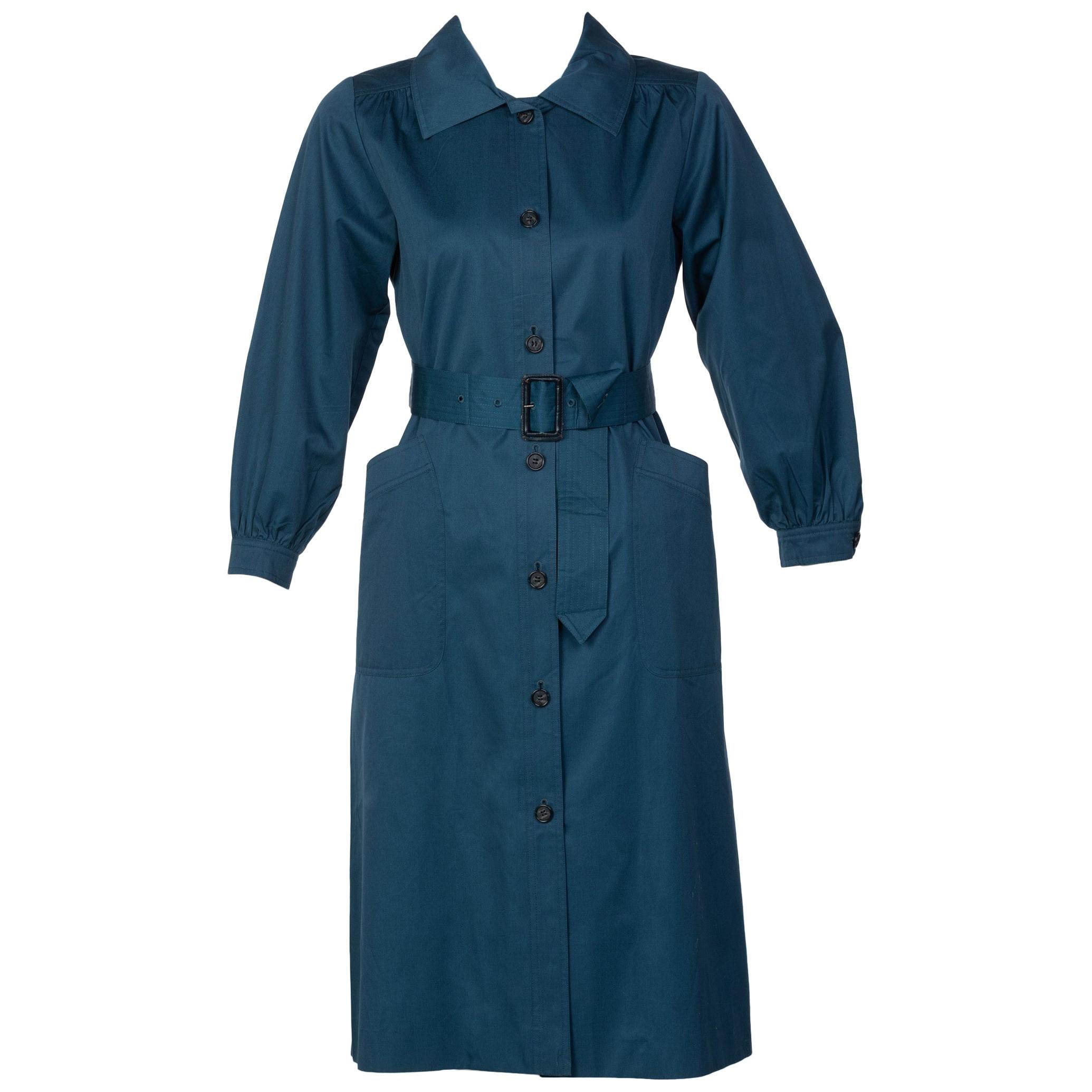 Yves Saint Laurent French Blue Belted Cotton Trench Coat YSL, 1970s For Sale