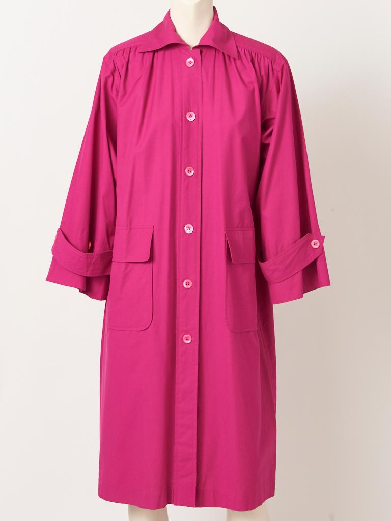 Yves Saint Laurent, Cotton, Fuchsia coat dress with belt having a pointed 