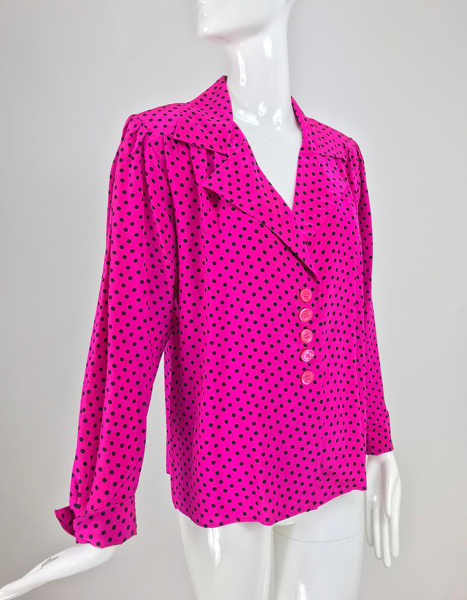 Yves Saint Laurent Fuchsia Polka Dot Silk Blouse from the 1990s. This beautiful blouse is so evocative of the 90s fashion, when high style was at it's zenith. Tight skirts, bright colours and lux fabrics. Bright pink silk with black dots, this