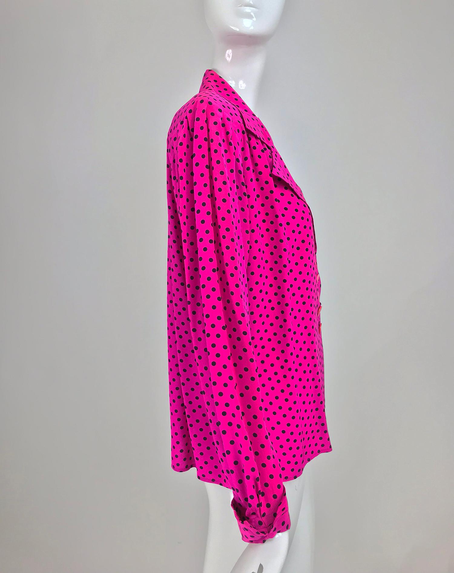 Yves Saint Laurent Fuchsia Polka Dot Silk Blouse 1990s  In Excellent Condition In West Palm Beach, FL