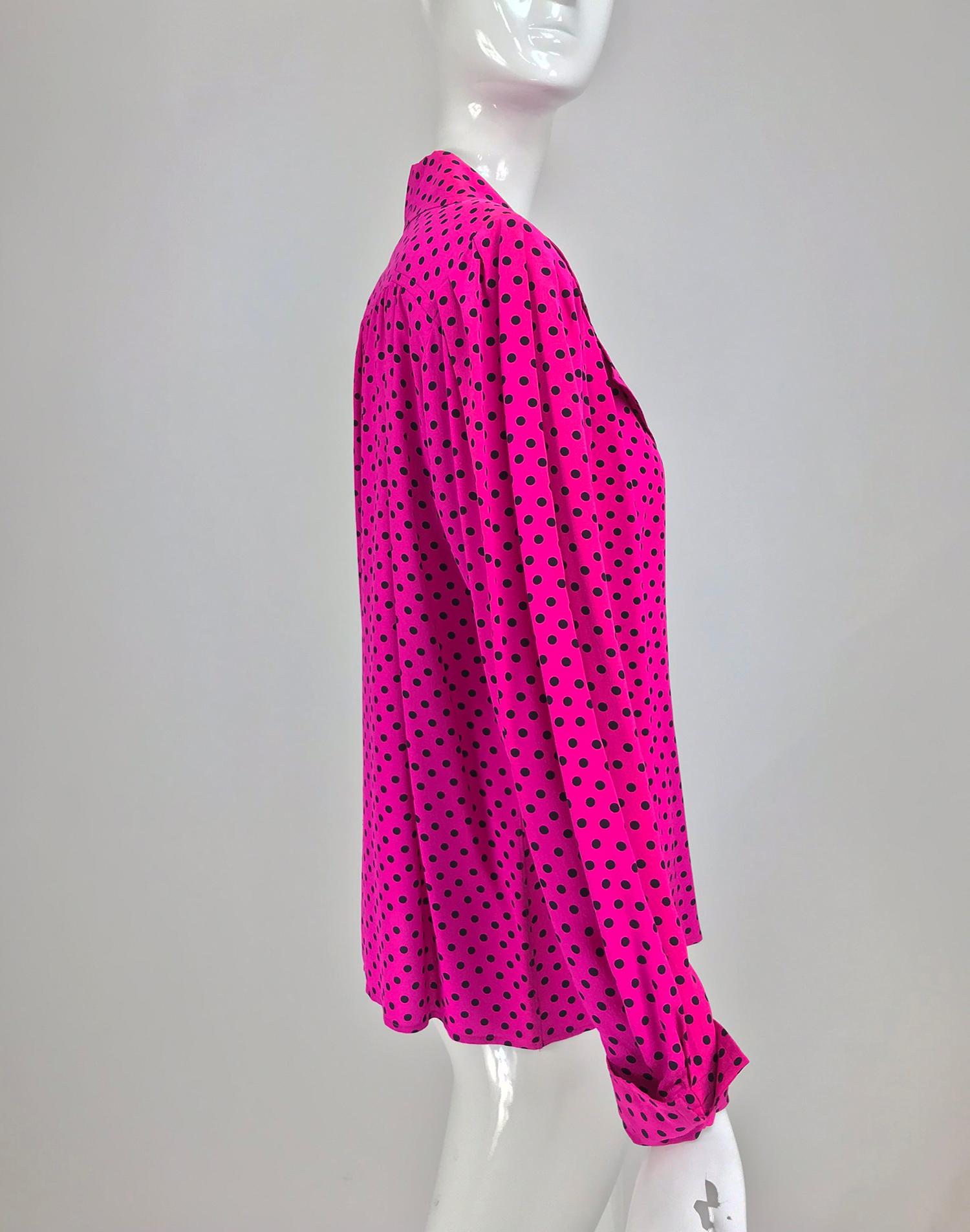 Women's Yves Saint Laurent Fuchsia Polka Dot Silk Blouse 1990s 