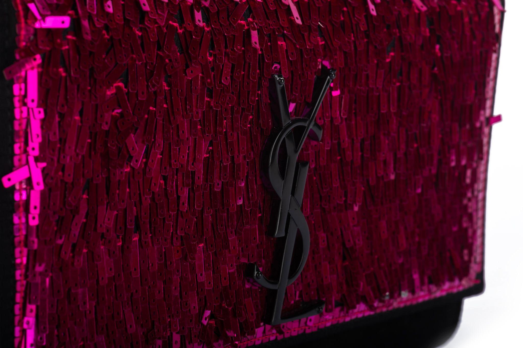 Yves Saint Laurent Fuchsia Sequins Black Suede Handbag NEW For Sale 1