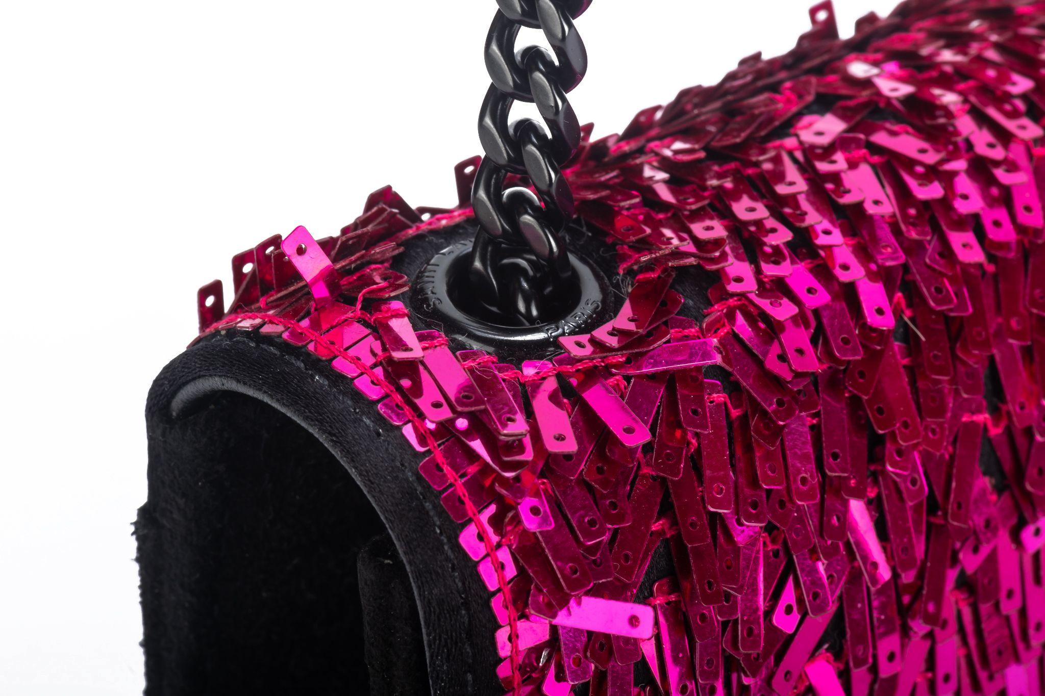 Yves Saint Laurent Fuchsia Sequins Black Suede Handbag NEW For Sale 2