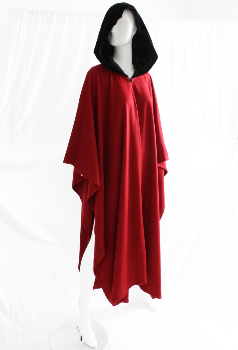 Yves Saint Laurent Garnet Red Wool Cape Black Velvet Hood New Old Stock ...