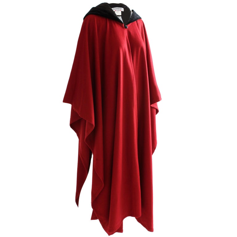 Yves Saint Laurent Garnet Red Wool Cape Black Velvet Hood New Old Stock ...
