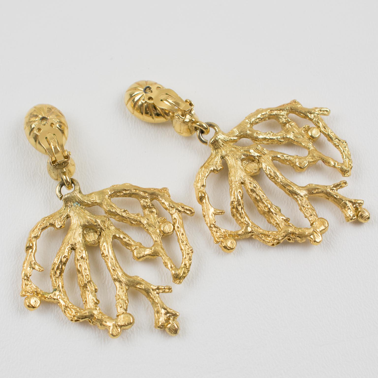 Women's Yves Saint Laurent Gilt Metal Dangle Naturalist Clip Earrings