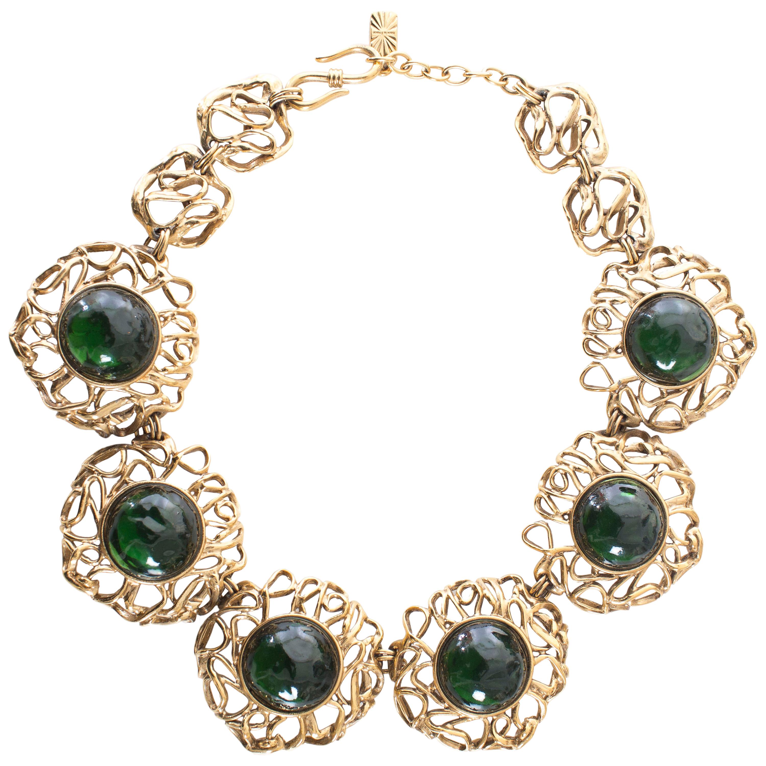 Yves Saint Laurent Gilt Metal & Green Glass Cabochon Necklace, Circa: 1980s For Sale