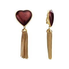 Yves Saint Laurent Gilt-Metal Red Enamel Heart Fringe Dangle Drop Ear Clips