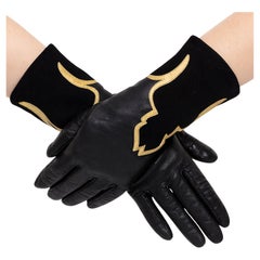 Yves Saint Laurent Gloves Black Leather Gold Trim Moroccan Motif Rare Vintage