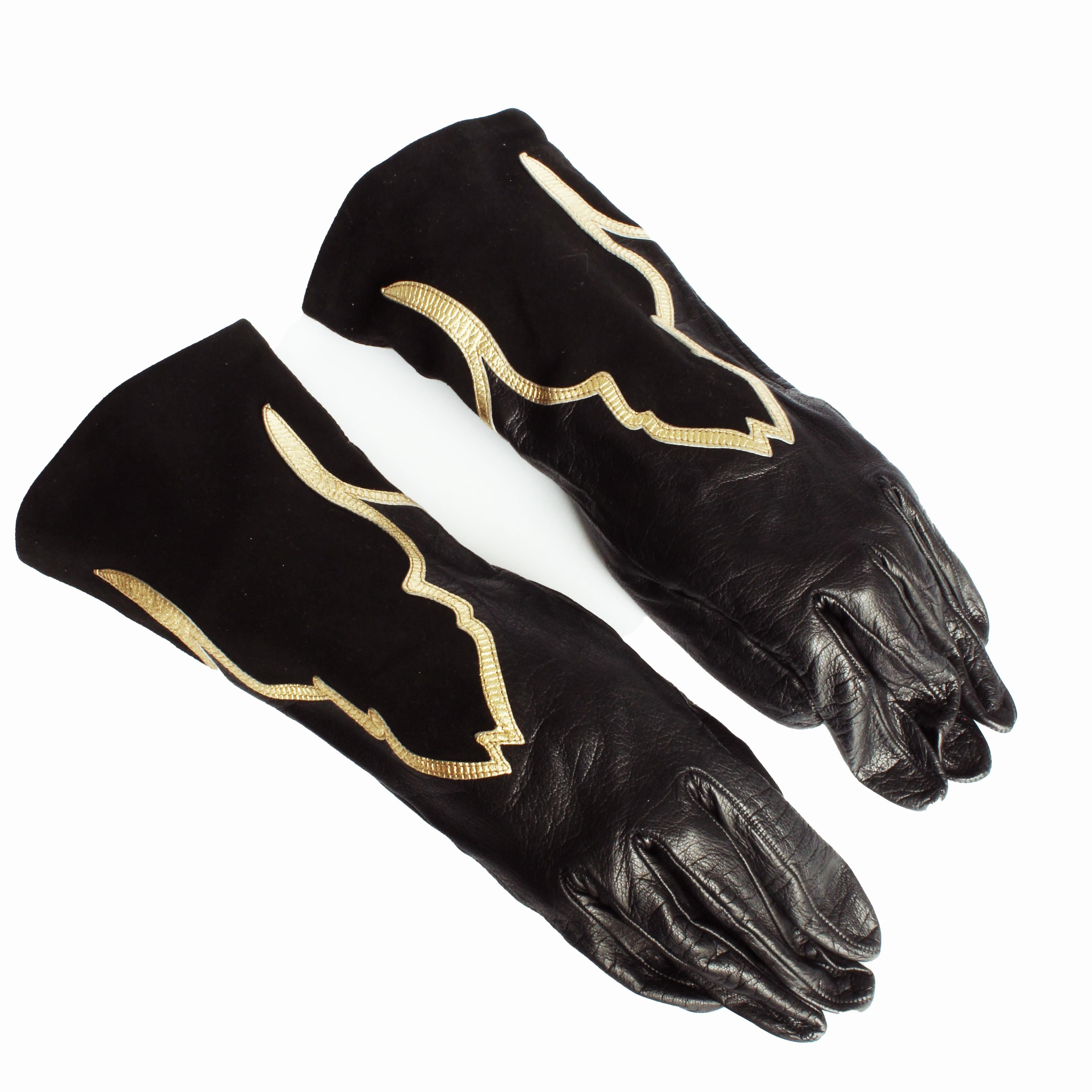 Yves Saint Laurent Gloves Black Leather Gold Trim Moroccan Motif Rare Vintage In Good Condition For Sale In Port Saint Lucie, FL