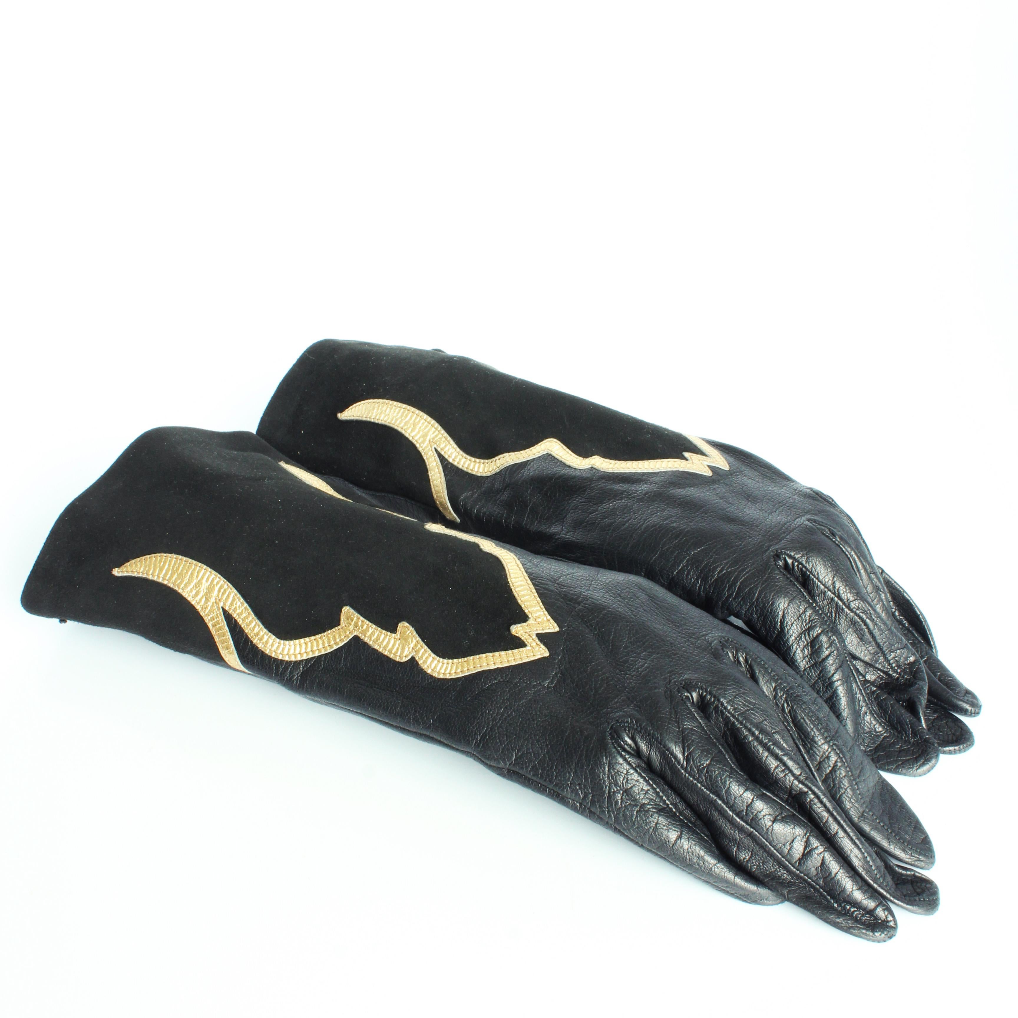 Women's or Men's Yves Saint Laurent Gloves Black Leather Gold Trim Moroccan Motif Rare Vintage For Sale