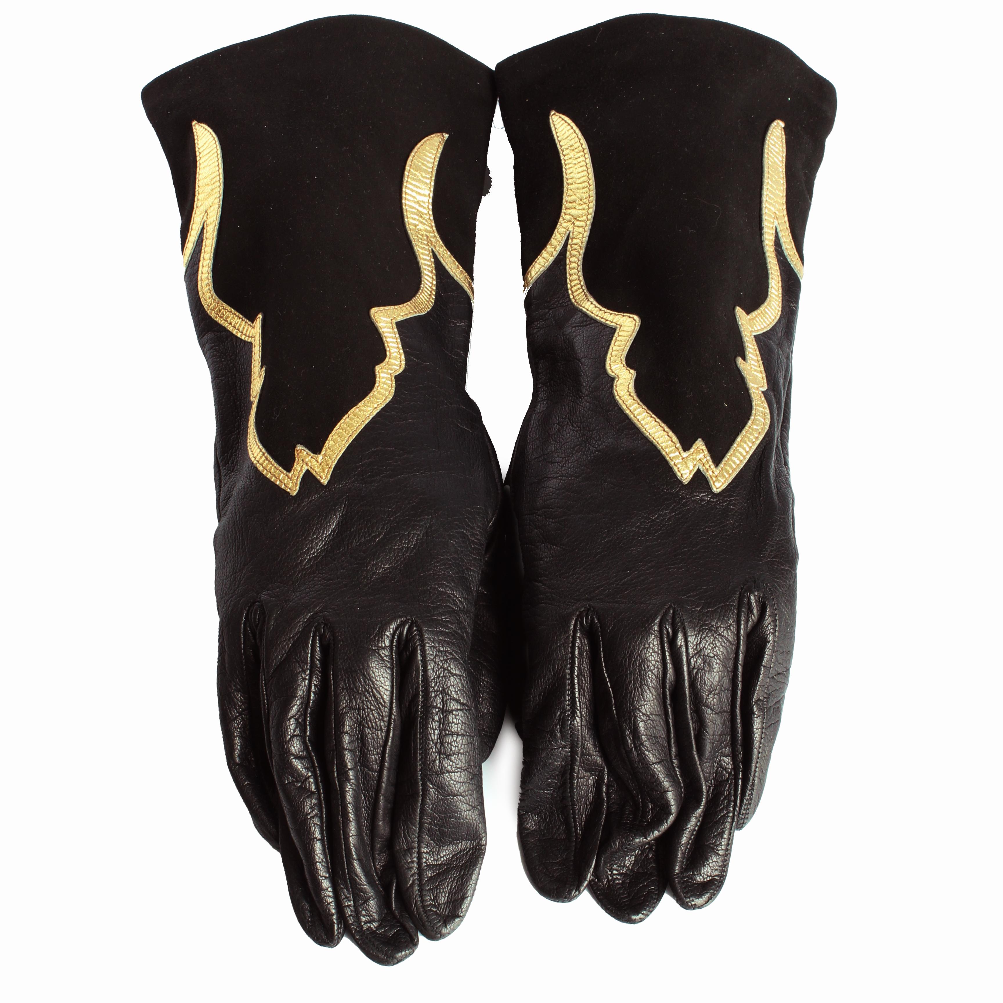 Yves Saint Laurent Gloves Black Leather Gold Trim Moroccan Motif Rare Vintage For Sale 1