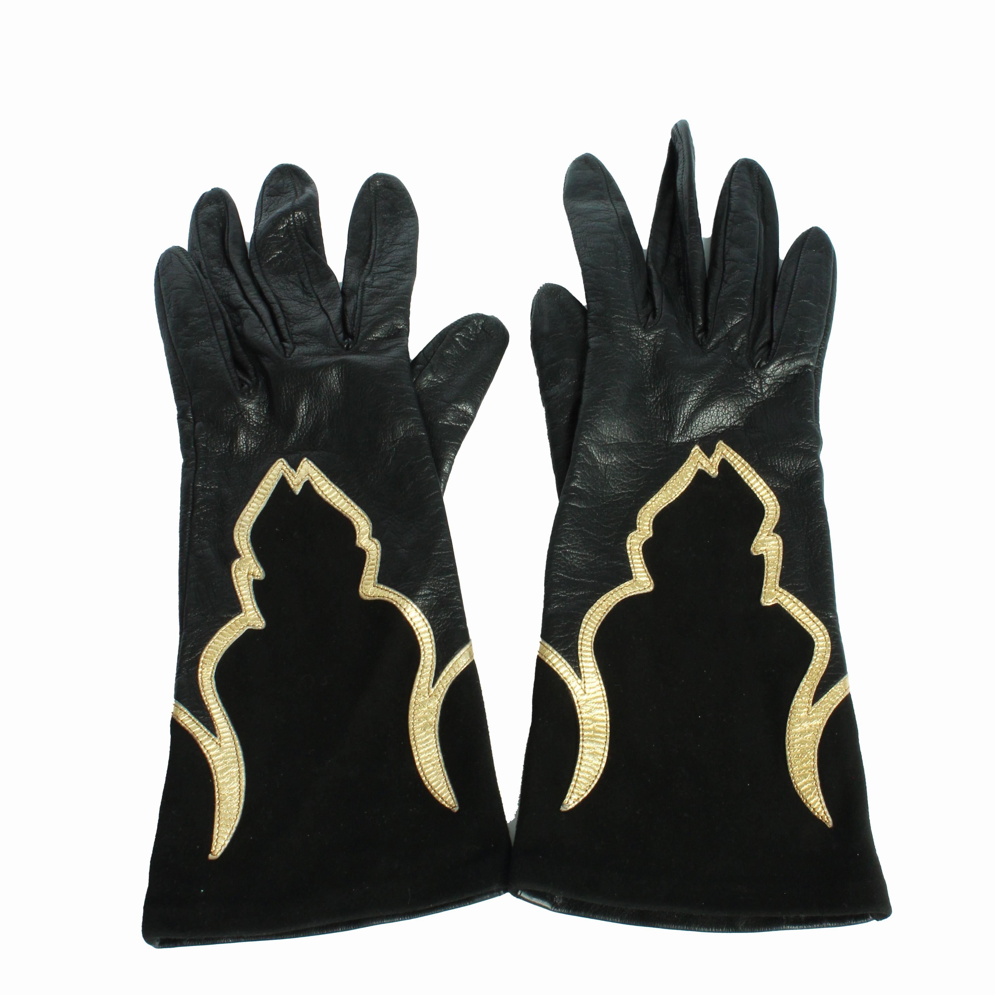 Yves Saint Laurent Gloves Black Leather Gold Trim Moroccan Motif Rare Vintage For Sale 3