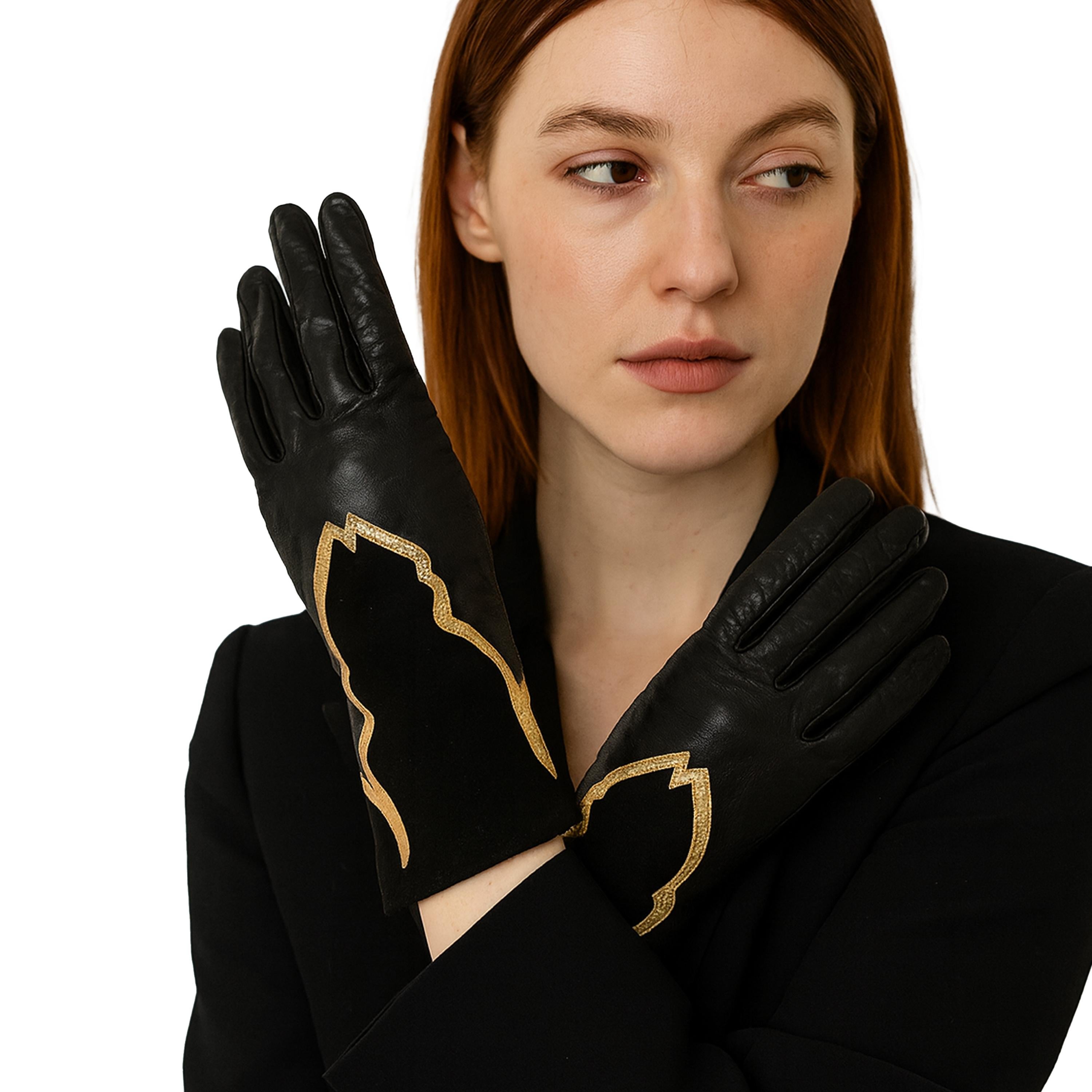 Yves Saint Laurent Handschuhe Schwarzes Leder Goldbesatz Marokkanisches Motiv Seltenes Vintage im Angebot 3
