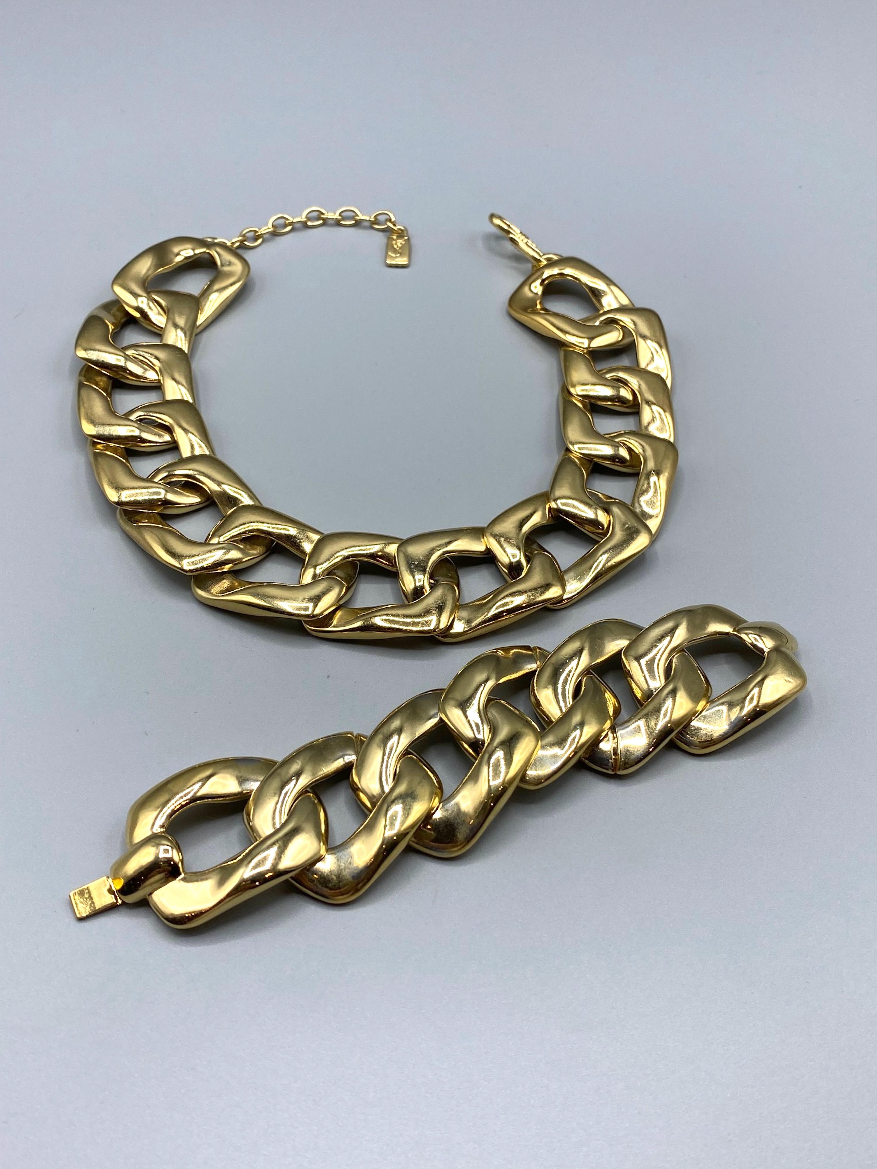 Yves Saint Laurent 1980's Large Gold Link Necklace & Bracelet Set In Good Condition For Sale In New York, NY