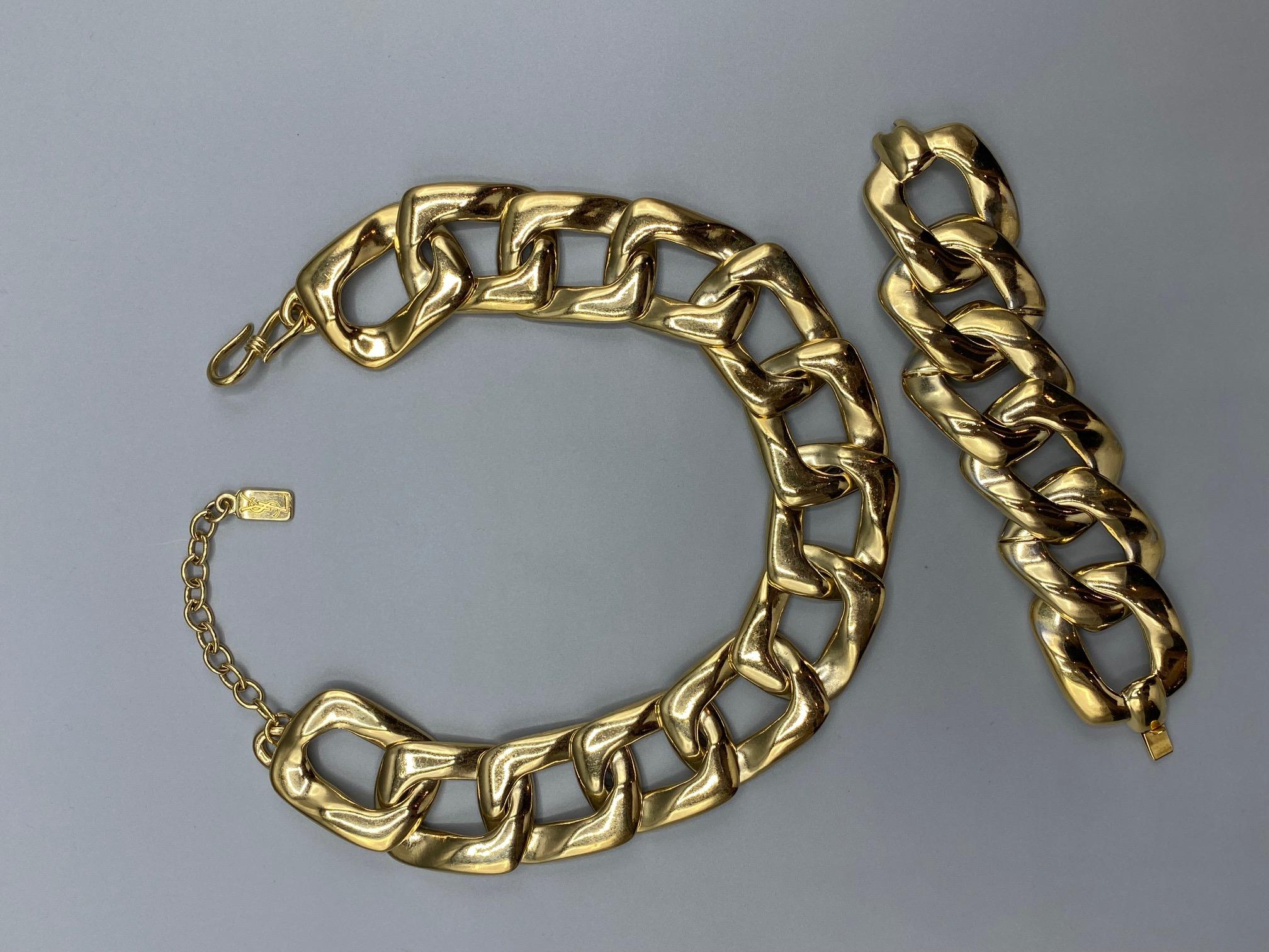 Women's or Men's Yves Saint Laurent 1980's Large Gold Link Necklace & Bracelet Set For Sale