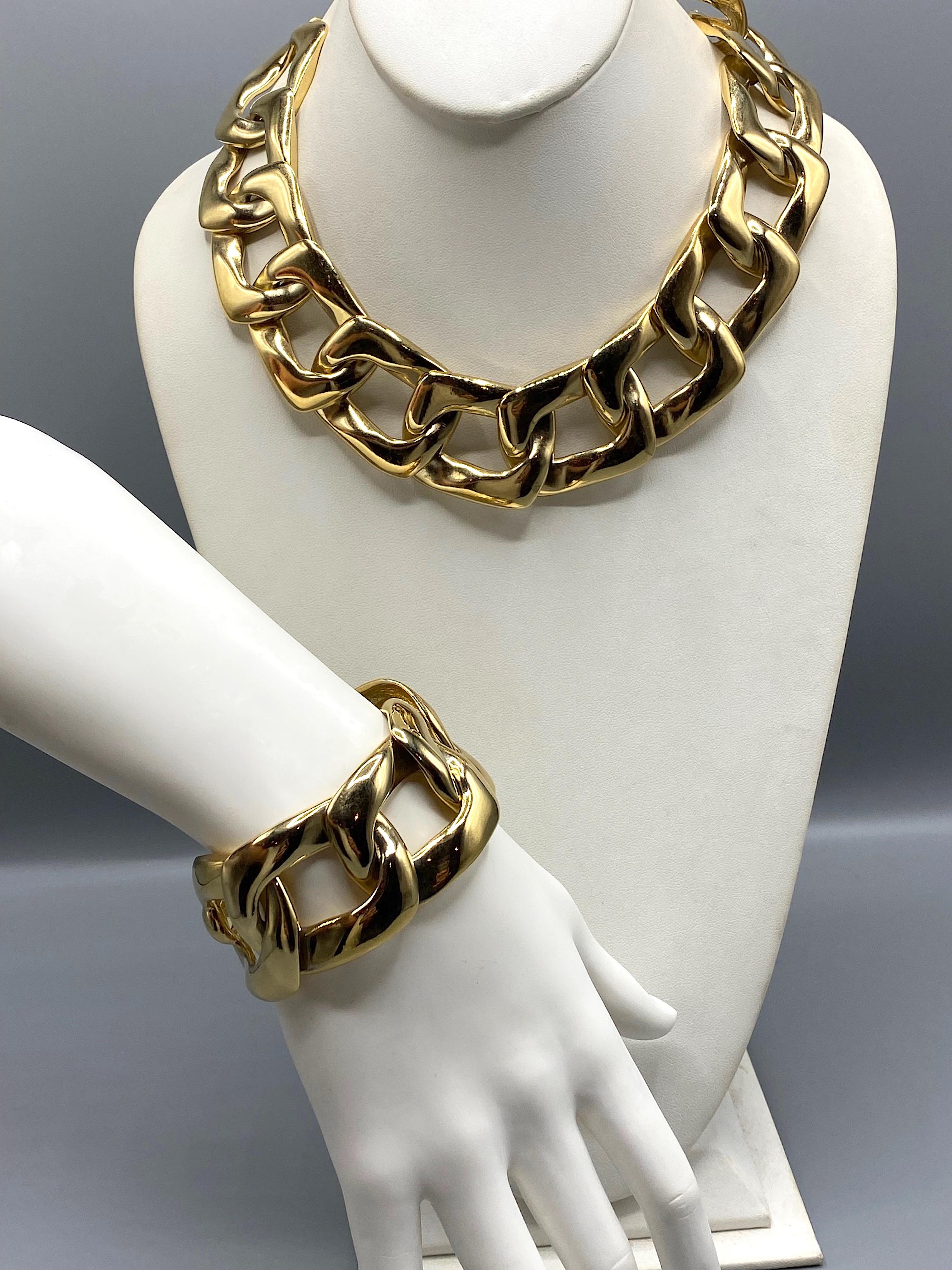 Yves Saint Laurent 1980's Large Gold Link Necklace & Bracelet Set For Sale 1