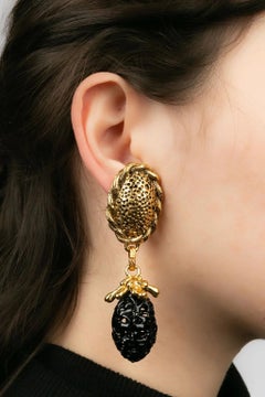 Yves Saint Laurent Gold and Black Glass Paste Clip Earrings